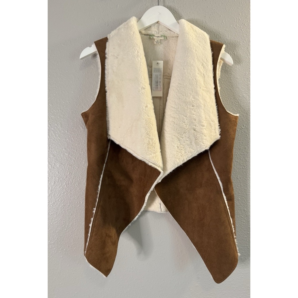 NWT Nurture M Faux Suede Shearling Waterfall Vest Brown Cream Boho Western